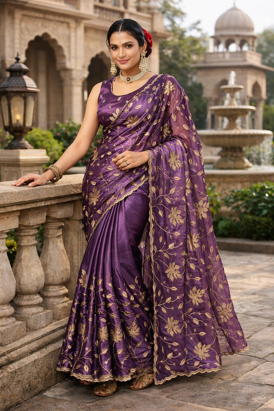 Royal Purple Embroidered Organza Saree with Floral Zari Work