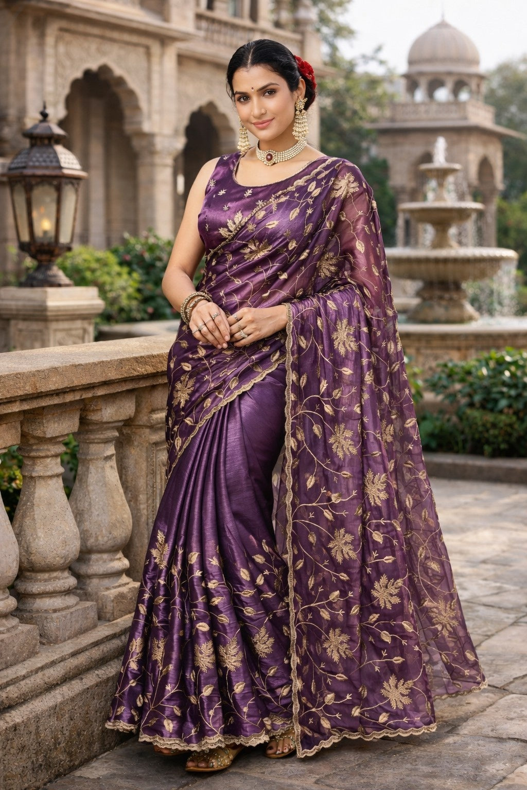 Royal Purple Embroidered Organza Saree with Floral Zari Work