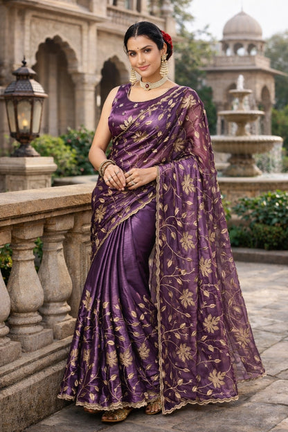 Royal Purple Embroidered Organza Saree with Floral Zari Work