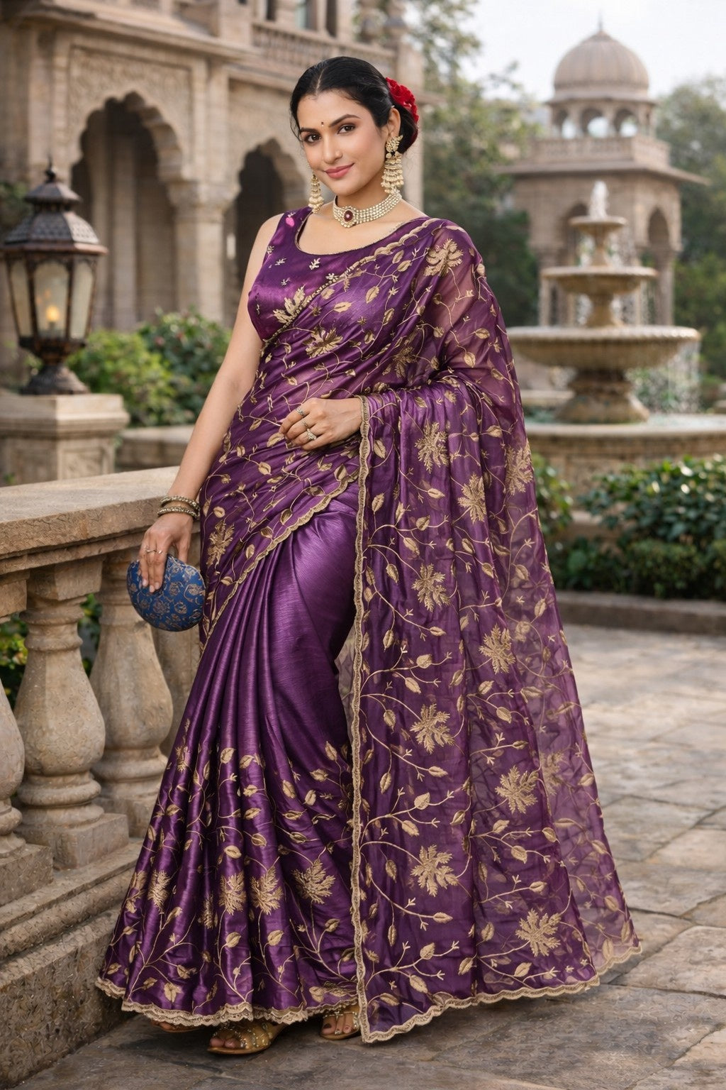 Royal Purple Embroidered Organza Saree with Floral Zari Work