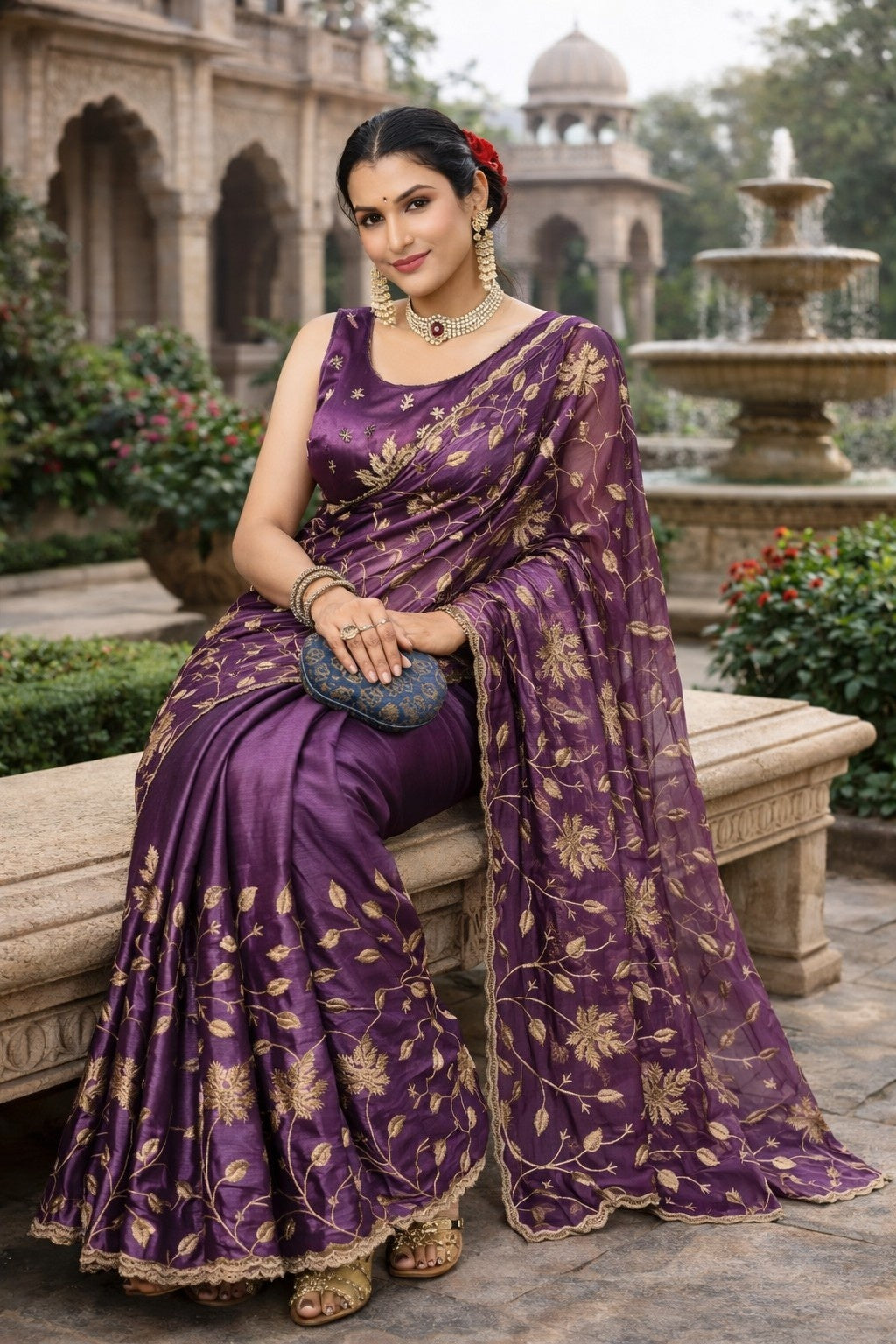 Royal Purple Embroidered Organza Saree with Floral Zari Work