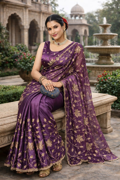 Royal Purple Embroidered Organza Saree with Floral Zari Work