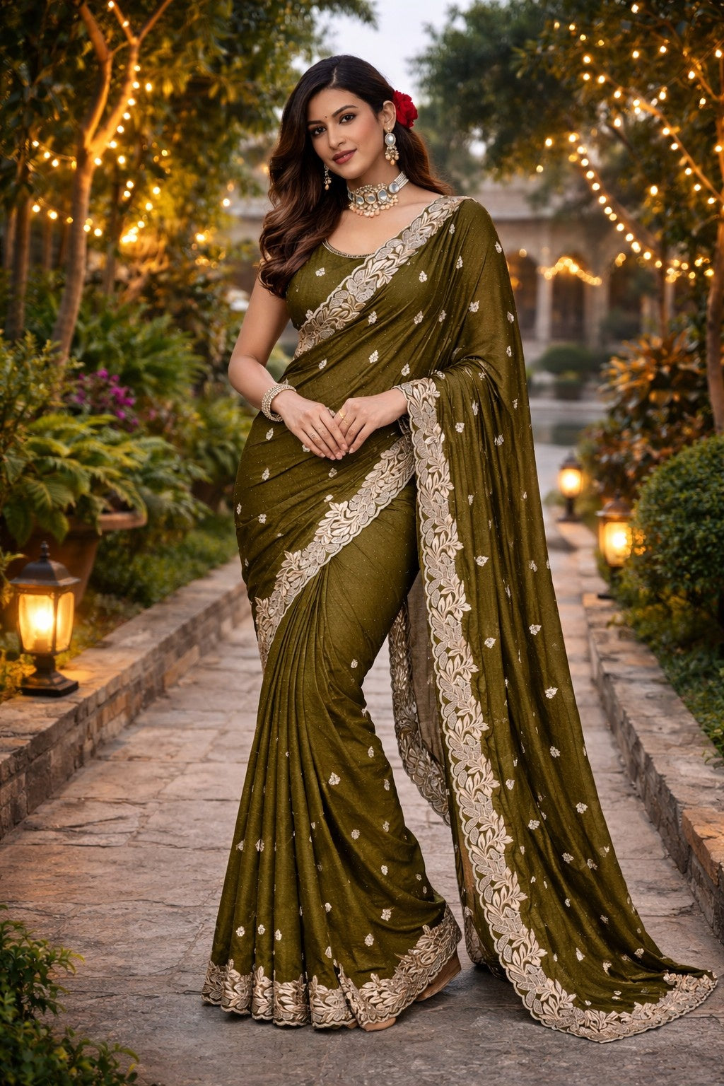 Olive Green Embroidered Designer Saree with Floral Border Work