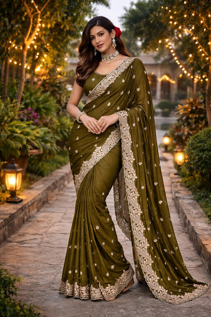 Olive Green Embroidered Designer Saree with Floral Border Work