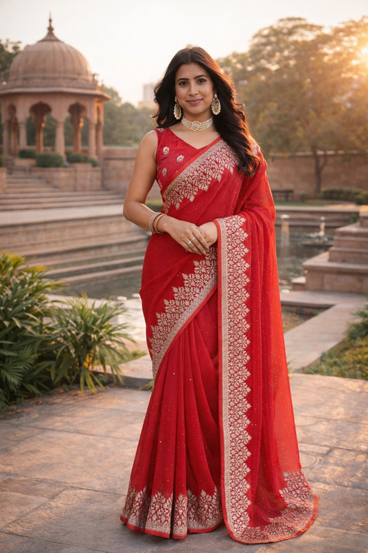 Radiant Red Embroidered Designer Saree with Intricate Silver Border