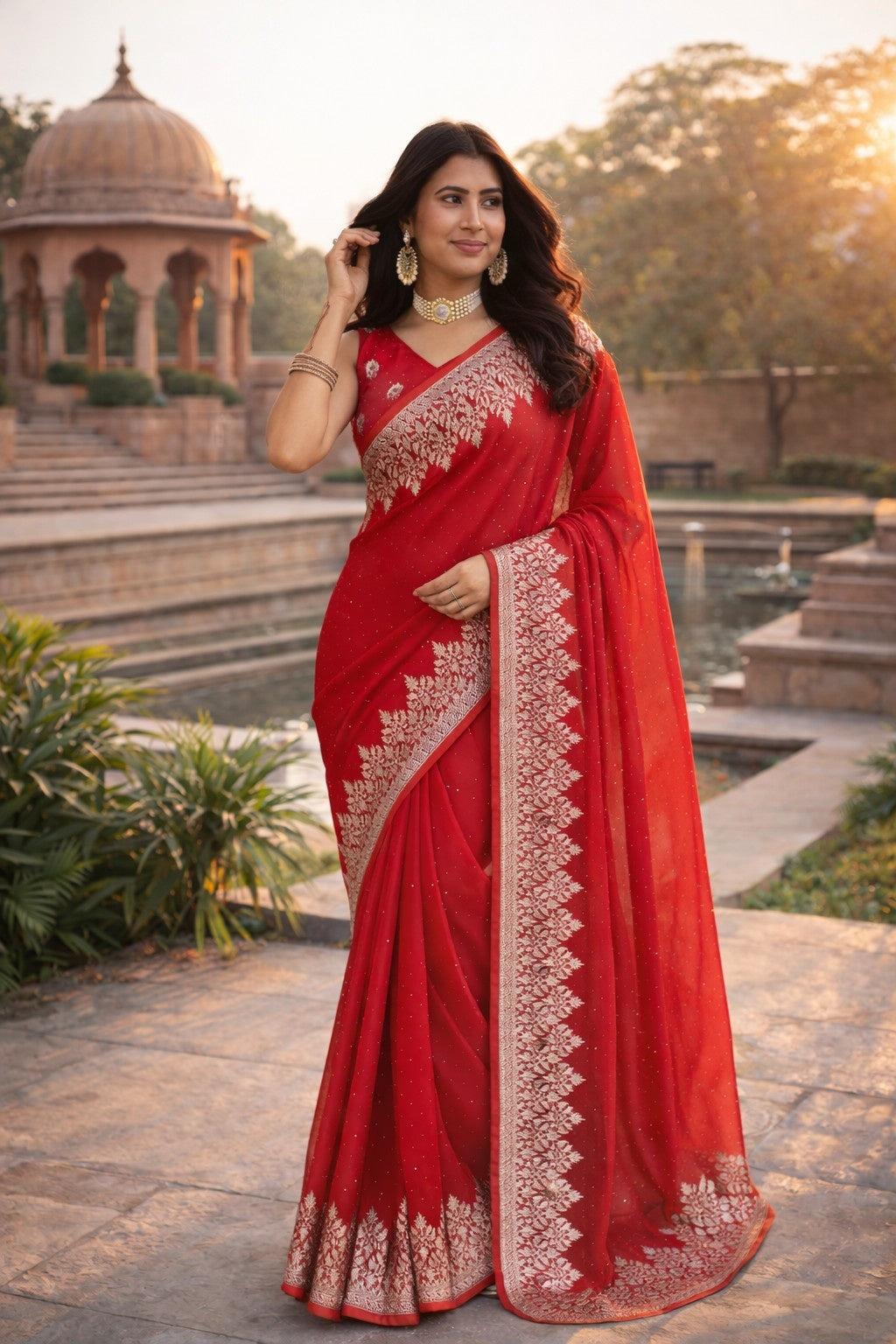 Radiant Red Embroidered Designer Saree with Intricate Silver Border