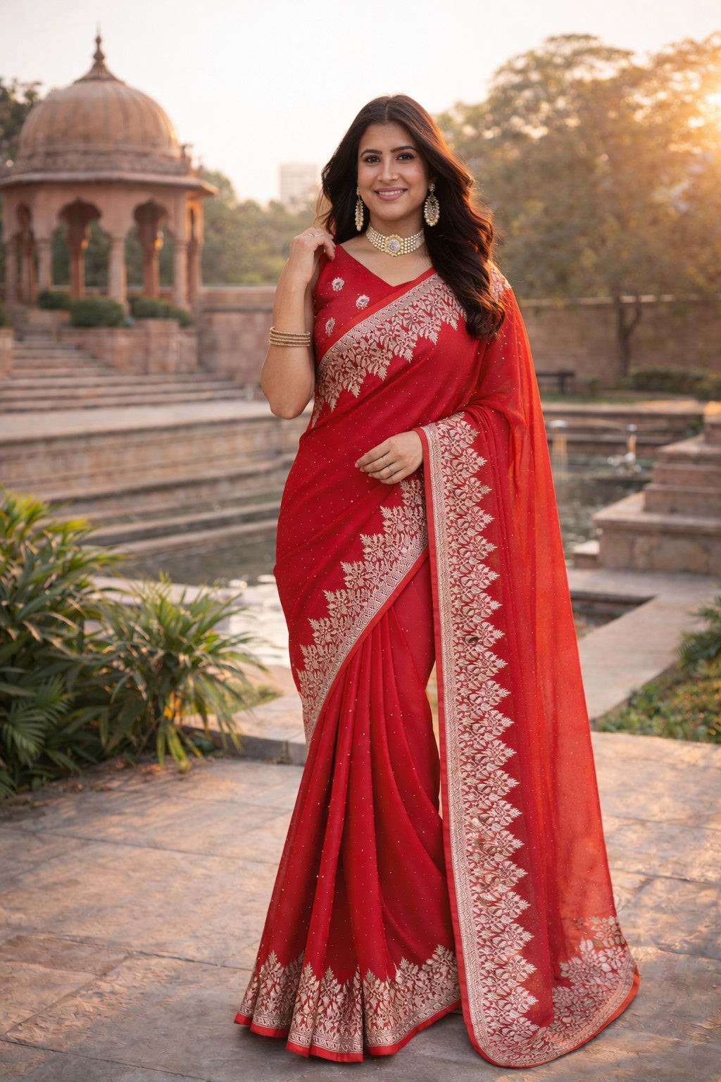 Radiant Red Embroidered Designer Saree with Intricate Silver Border