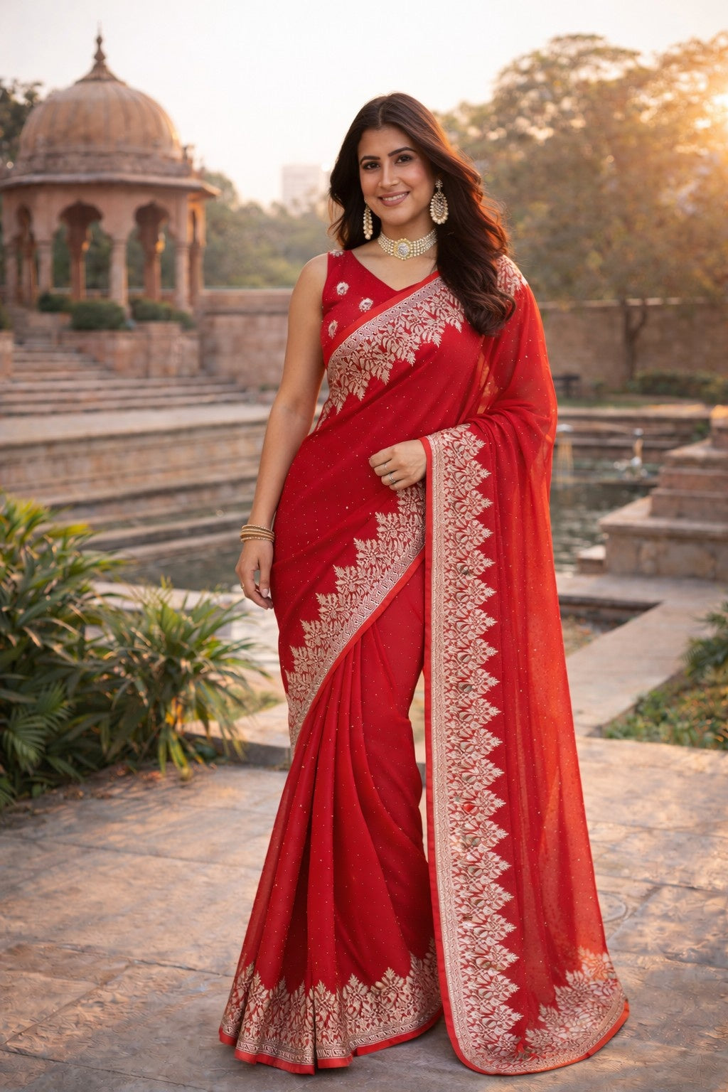 Radiant Red Embroidered Designer Saree with Intricate Silver Border