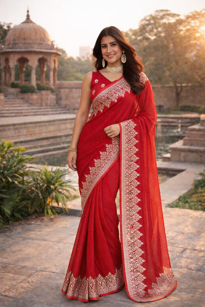 Radiant Red Embroidered Designer Saree with Intricate Silver Border
