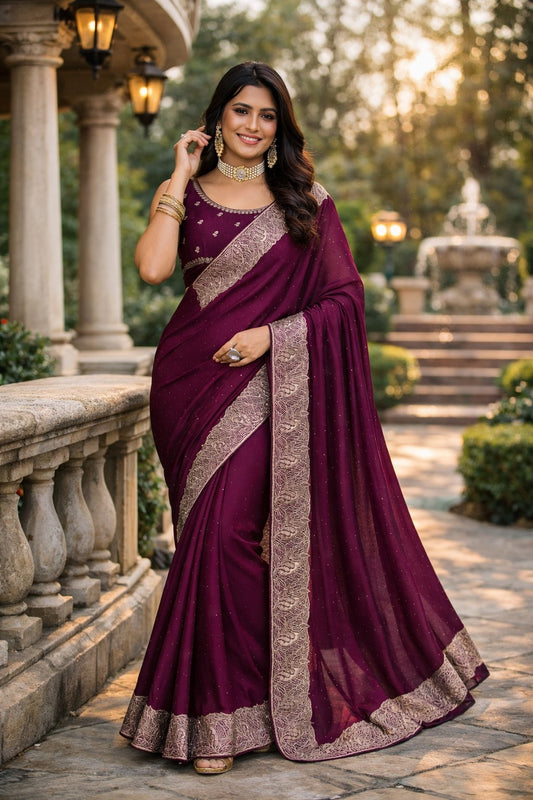 Royal Wine Purple Embroidered Border Saree with Matching Blouse Piece