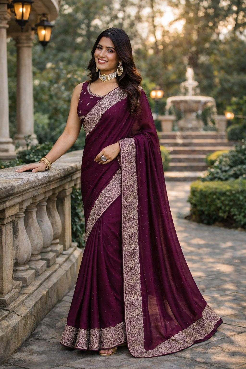 Royal Wine Purple Embroidered Border Saree with Matching Blouse Piece