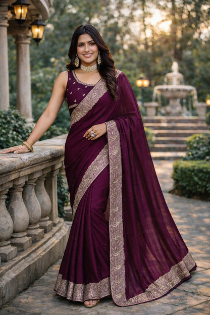 Royal Wine Purple Embroidered Border Saree with Matching Blouse Piece