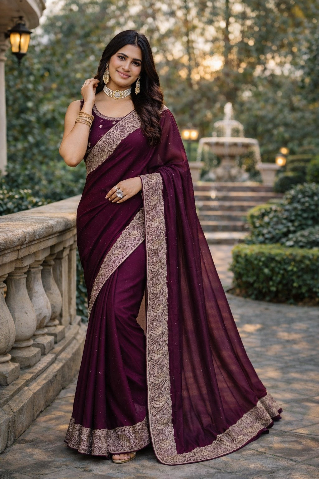 Royal Wine Purple Embroidered Border Saree with Matching Blouse Piece