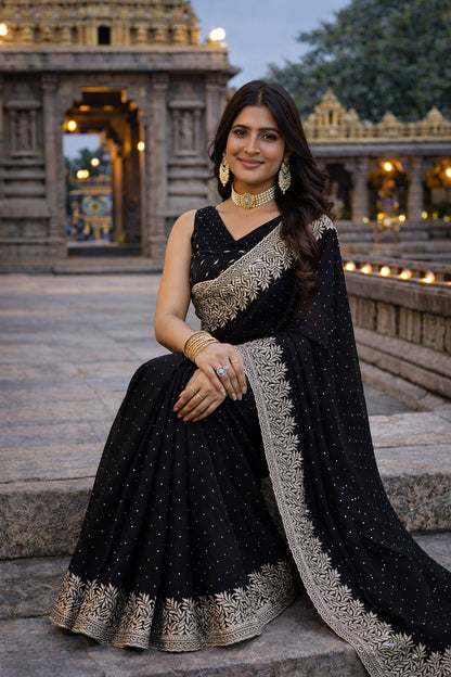 Midnight Black Embroidered Saree with Elegant Silver Zari Border