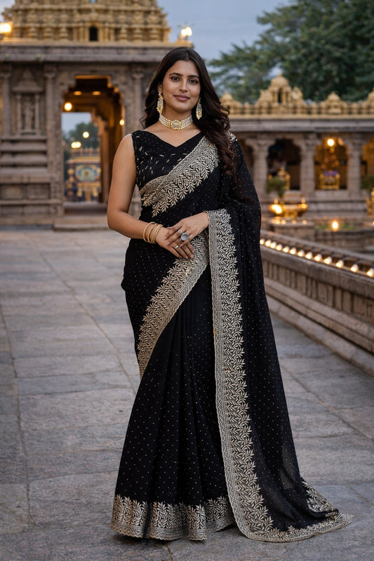 Midnight Black Embroidered Saree with Elegant Silver Zari Border