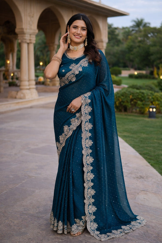 Midnight Teal Embroidered Designer Saree with Intricate Floral Border