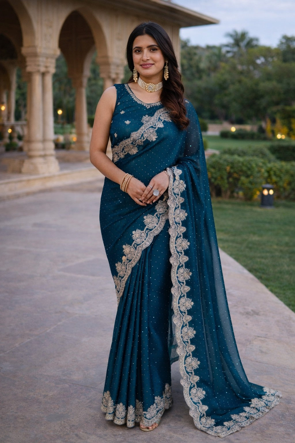 Midnight Teal Embroidered Designer Saree with Intricate Floral Border