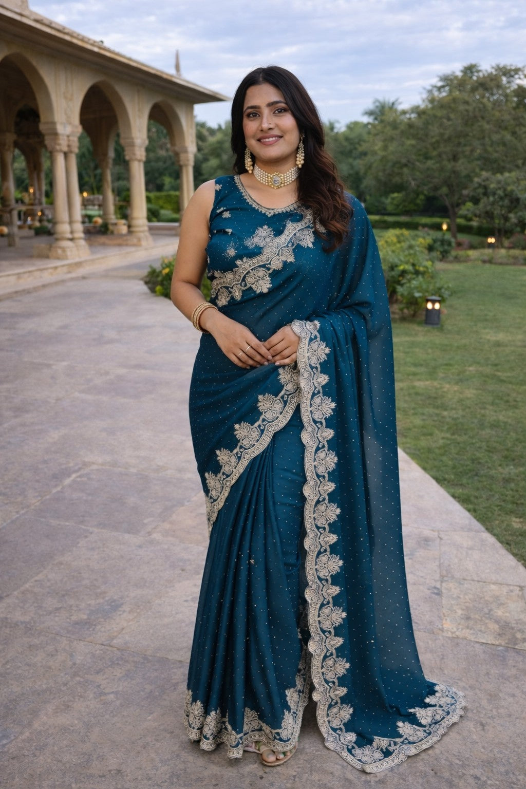 Midnight Teal Embroidered Designer Saree with Intricate Floral Border