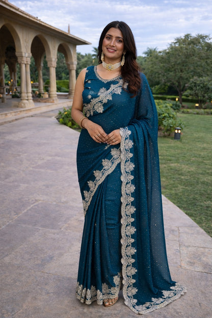 Midnight Teal Embroidered Designer Saree with Intricate Floral Border