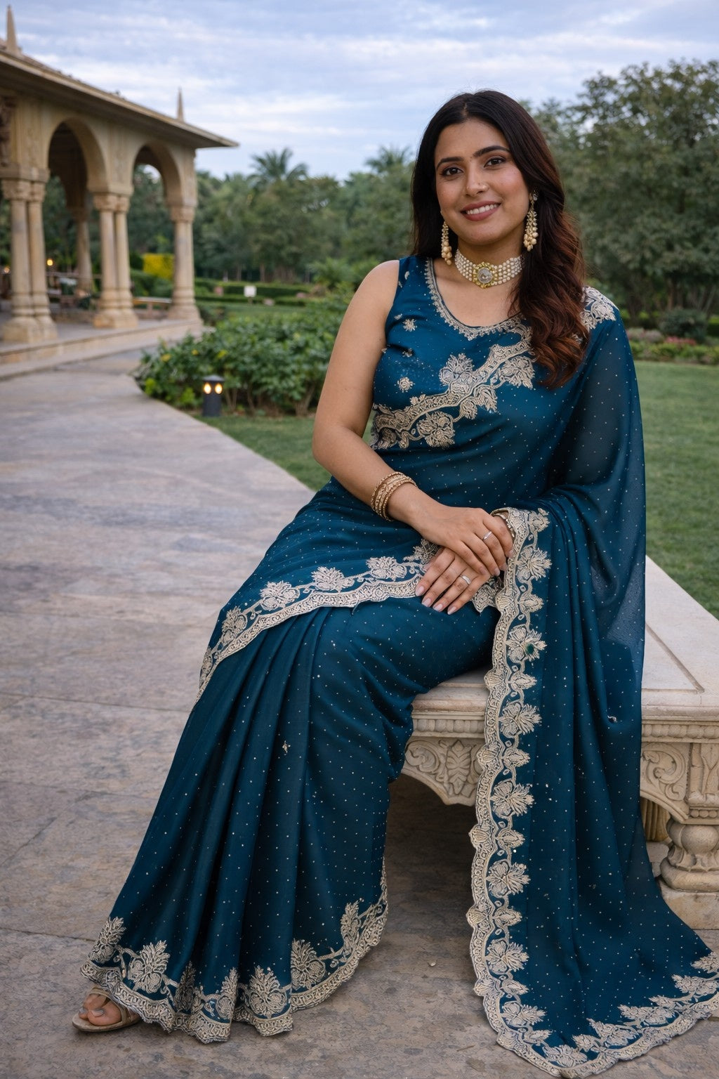 Midnight Teal Embroidered Designer Saree with Intricate Floral Border