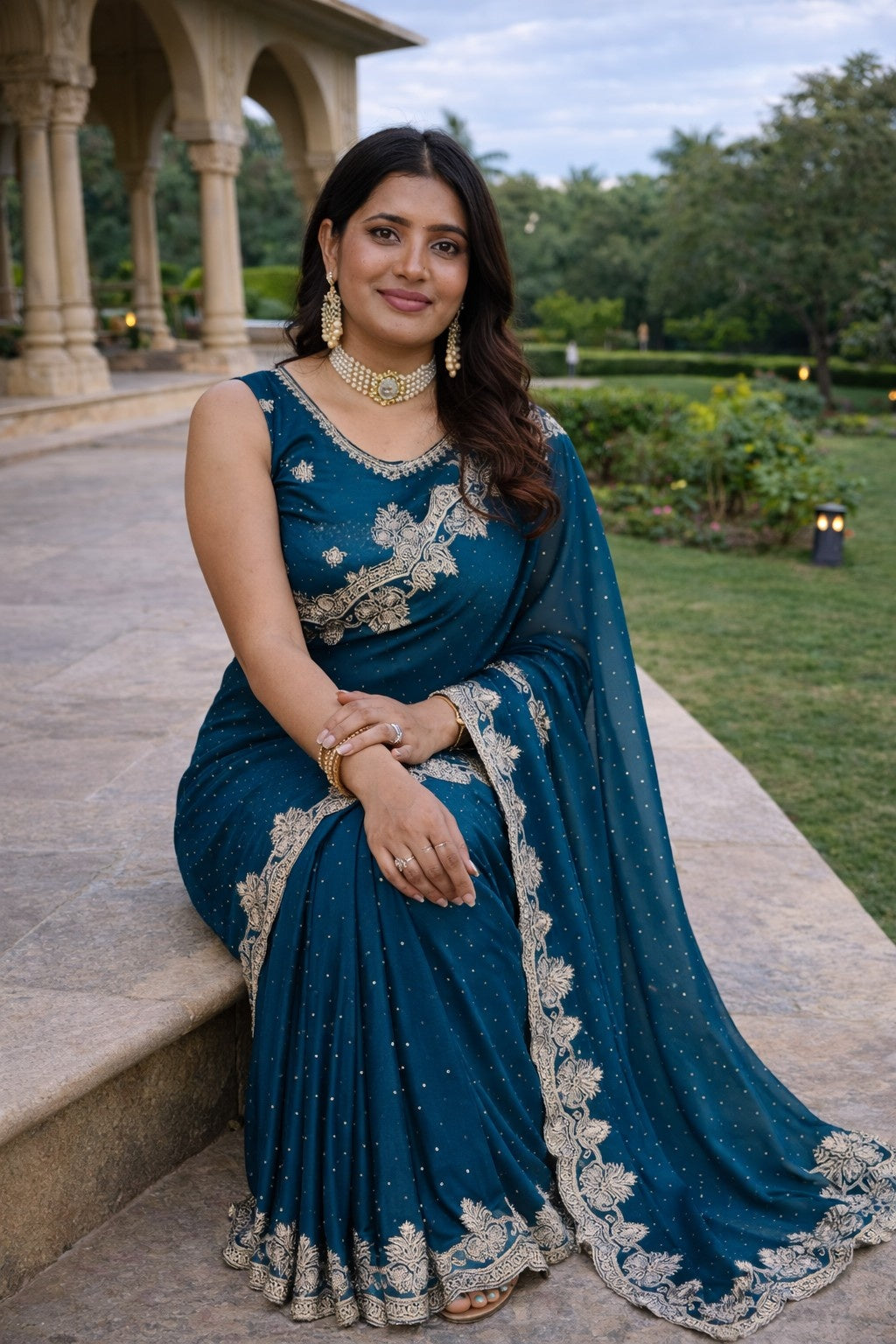 Midnight Teal Embroidered Designer Saree with Intricate Floral Border