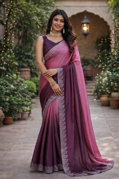 Elegant Wine & Mauve Ombre Saree with Embroidered Border