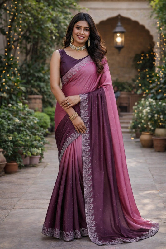 Elegant Wine & Mauve Ombre Saree with Embroidered Border