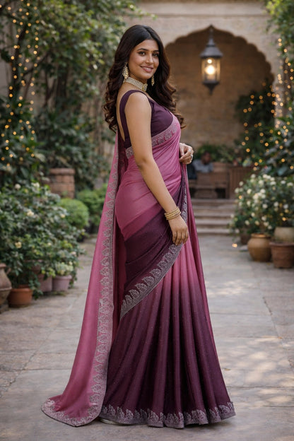 Elegant Wine & Mauve Ombre Saree with Embroidered Border