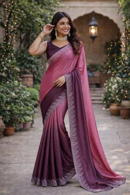 Elegant Wine & Mauve Ombre Saree with Embroidered Border