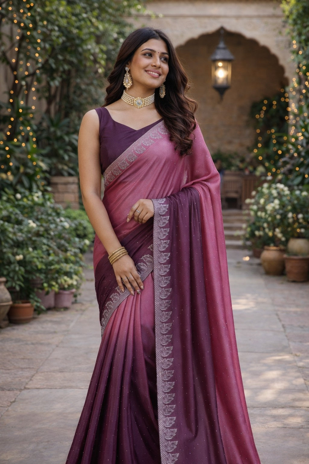 Elegant Wine & Mauve Ombre Saree with Embroidered Border