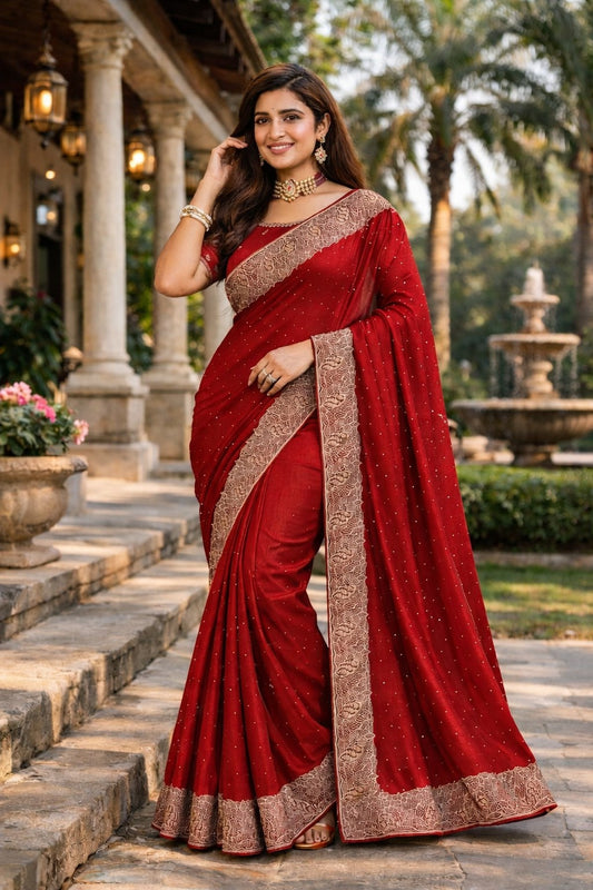 Maroon Embellished Saree with Intricate Designer Lace Border