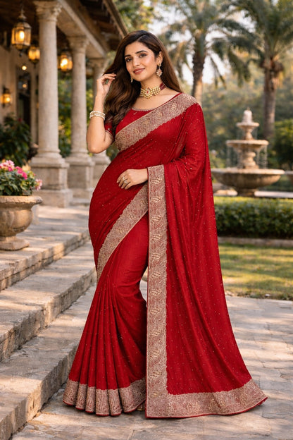 Maroon Embellished Saree with Intricate Designer Lace Border