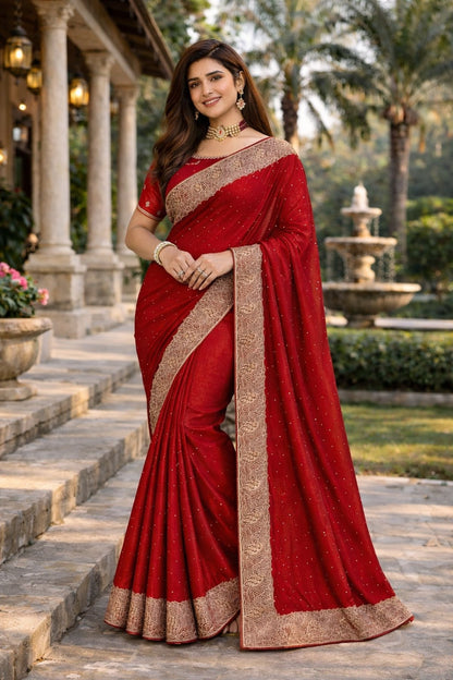 Maroon Embellished Saree with Intricate Designer Lace Border