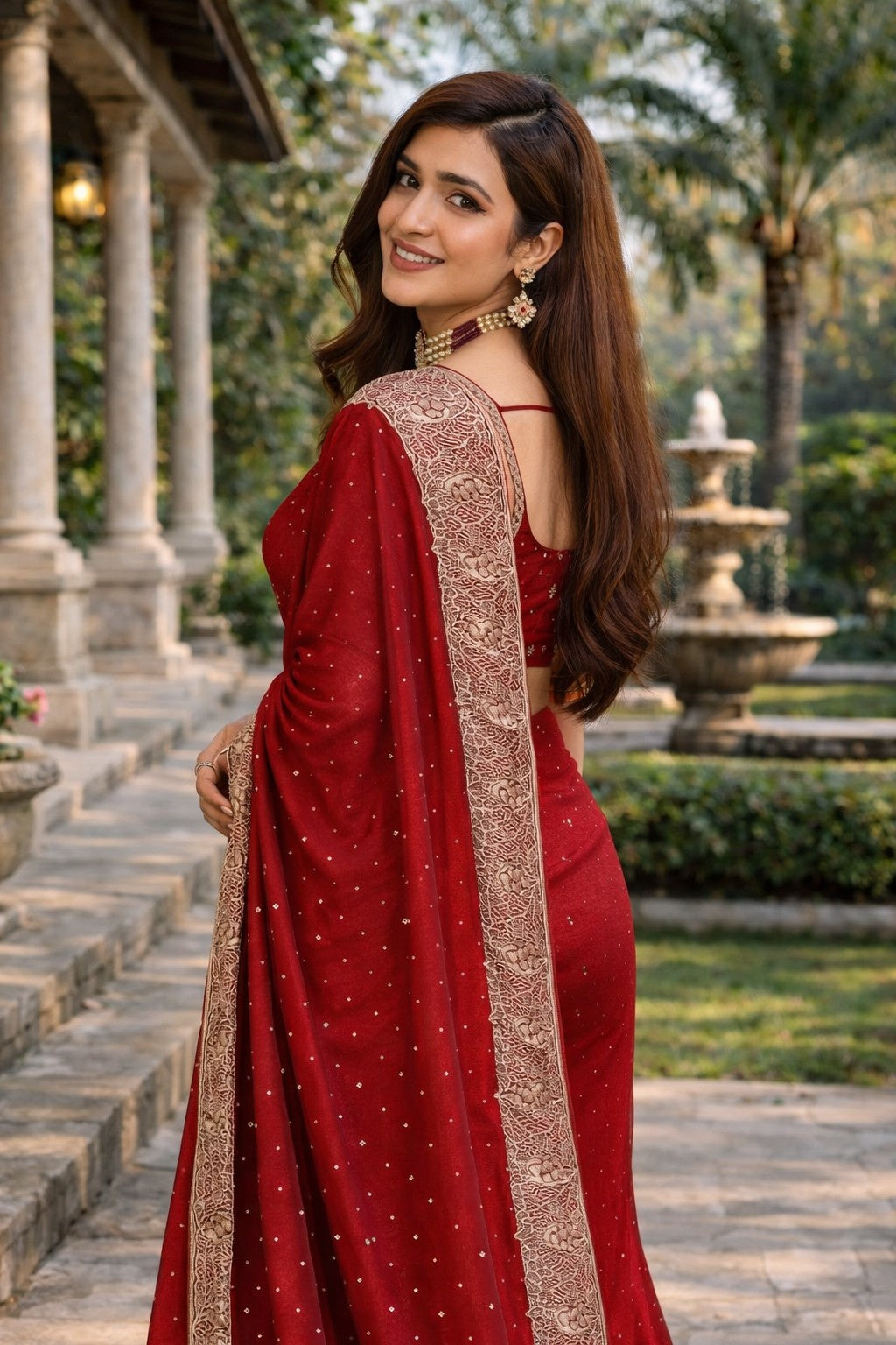 Maroon Embellished Saree with Intricate Designer Lace Border
