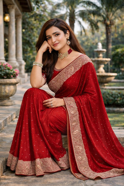 Maroon Embellished Saree with Intricate Designer Lace Border