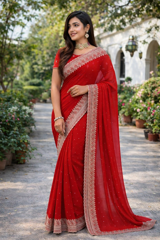 Ruby Red Embroidered Designer Saree with Intricate Lace Border