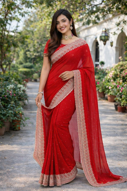Ruby Red Embroidered Designer Saree with Intricate Lace Border