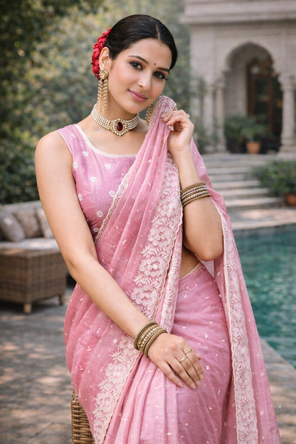 Blush Pink Embroidered Designer Saree with Intricate Lace Border