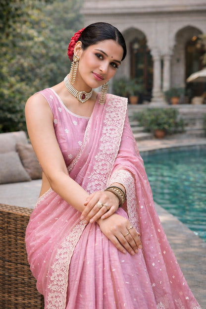 Blush Pink Embroidered Designer Saree with Intricate Lace Border
