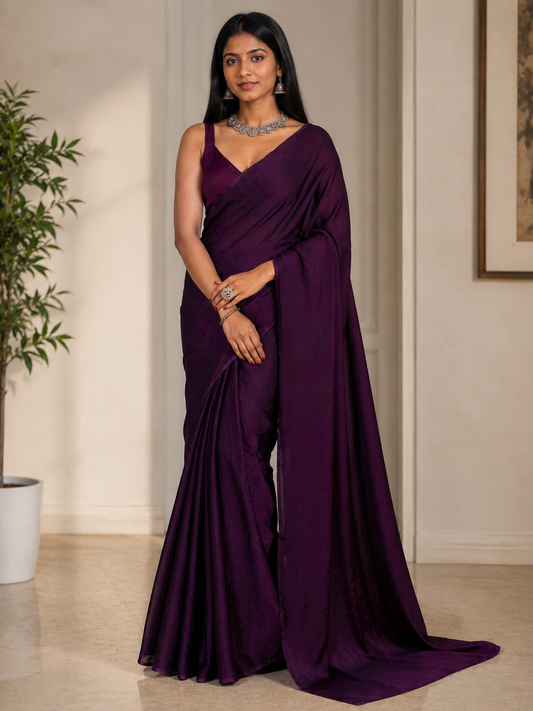 Women's Deep Purple Jacquard Satin Silk Saree with Matching Blouse Piece | Elegant Party Wear Saree