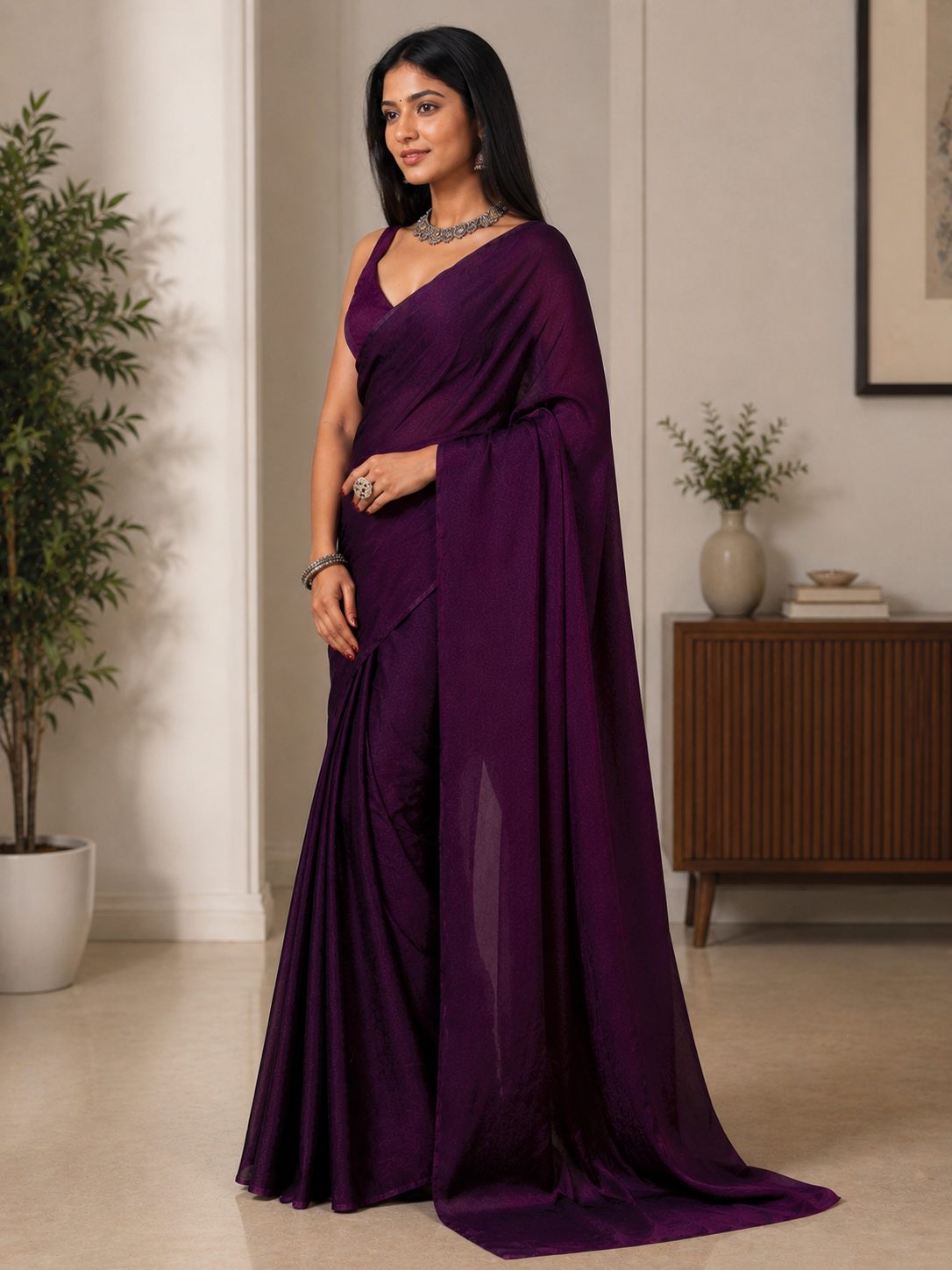 Women's Deep Purple Jacquard Satin Silk Saree with Matching Blouse Piece | Elegant Party Wear Saree