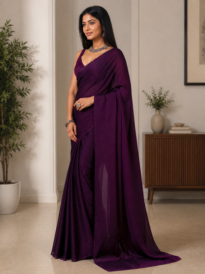 Women's Deep Purple Jacquard Satin Silk Saree with Matching Blouse Piece | Elegant Party Wear Saree