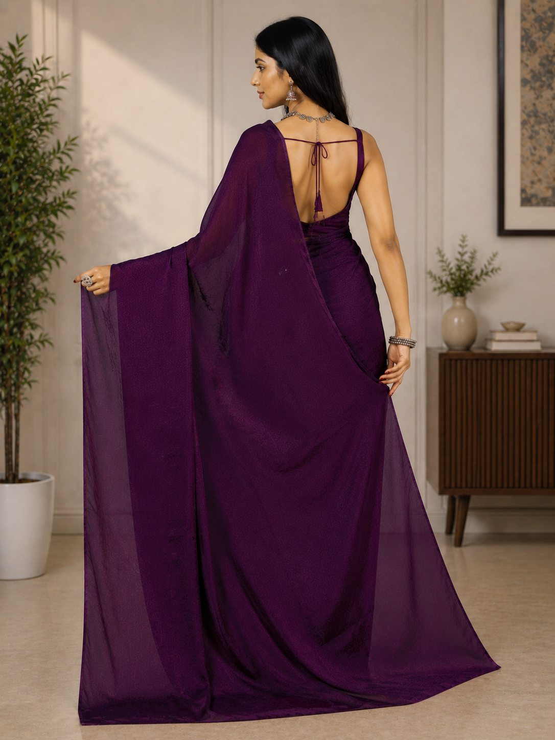 Women's Deep Purple Jacquard Satin Silk Saree with Matching Blouse Piece | Elegant Party Wear Saree