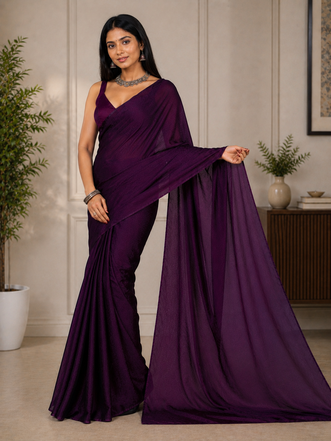 Women's Deep Purple Jacquard Satin Silk Saree with Matching Blouse Piece | Elegant Party Wear Saree
