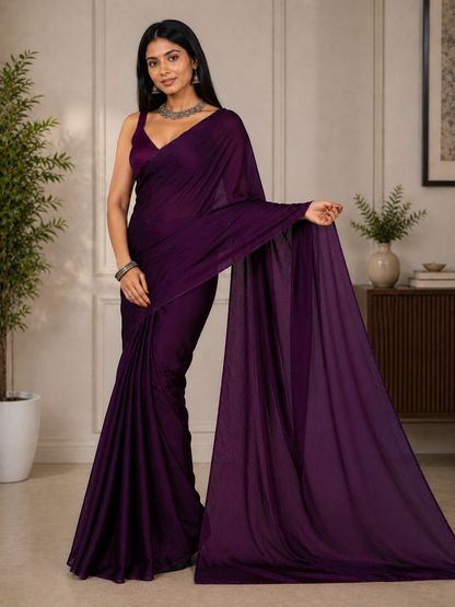 Women's Deep Purple Jacquard Satin Silk Saree with Matching Blouse Piece | Elegant Party Wear Saree