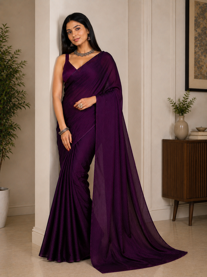 Women's Deep Purple Jacquard Satin Silk Saree with Matching Blouse Piece | Elegant Party Wear Saree