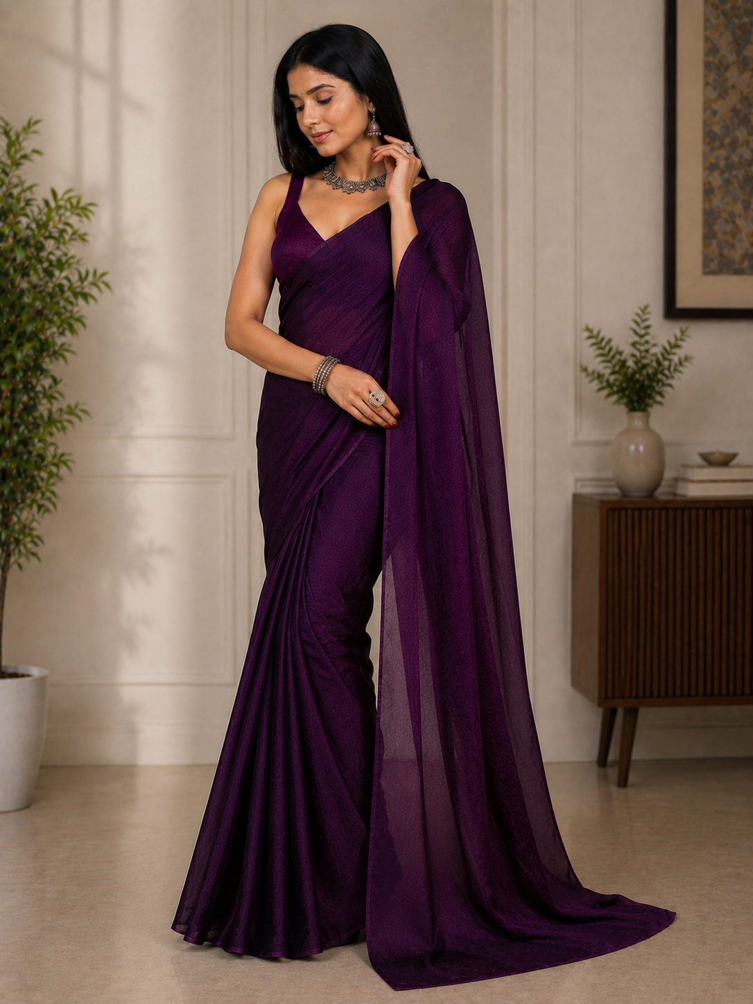 Women's Deep Purple Jacquard Satin Silk Saree with Matching Blouse Piece | Elegant Party Wear Saree
