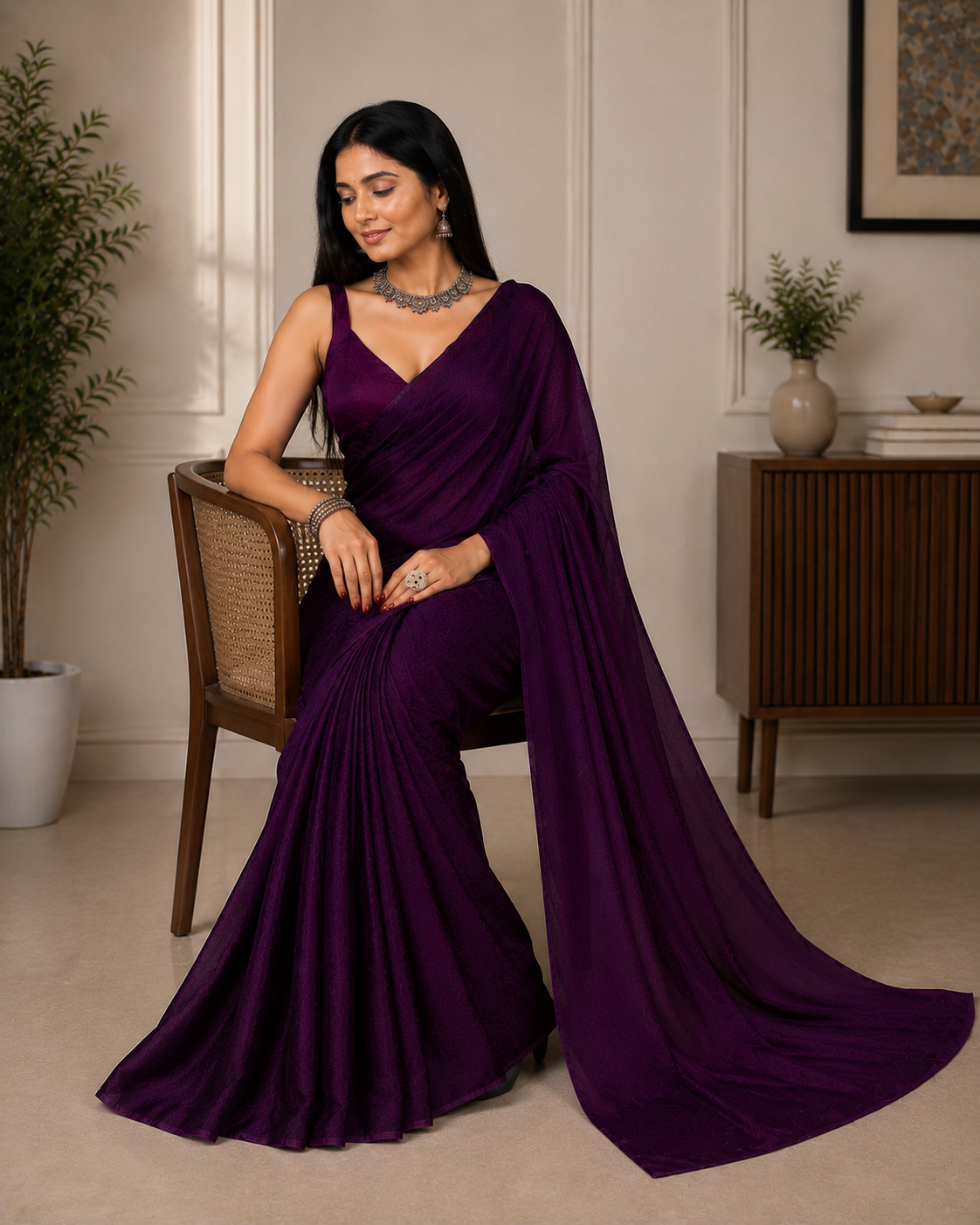 Women's Deep Purple Jacquard Satin Silk Saree with Matching Blouse Piece | Elegant Party Wear Saree