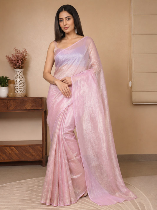 Women's Shimmer Organza Silk Saree with Matching Blouse Piece – Soft Pink Party Wear Saree