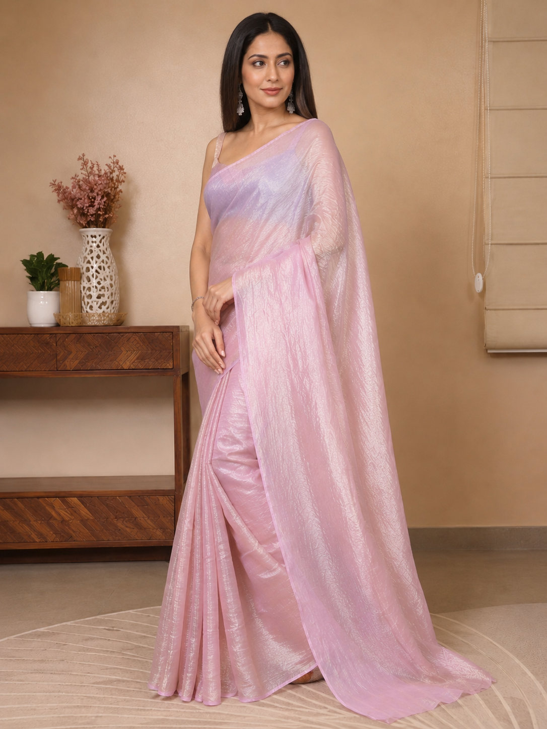Women's Shimmer Organza Silk Saree with Matching Blouse Piece – Soft Pink Party Wear Saree